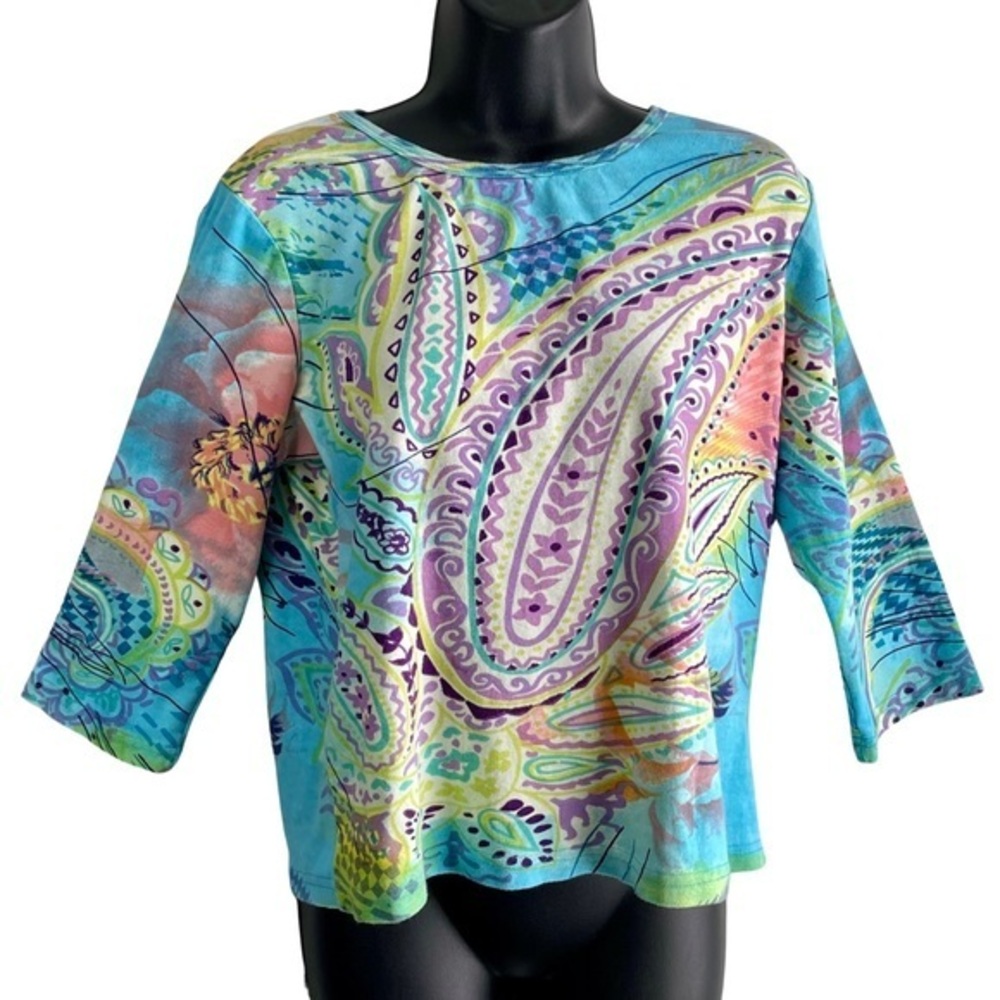 Vermont Country Store Colorful Pullover 100% Cotton Crew Neck 3/4 Sleeve Tee SzL